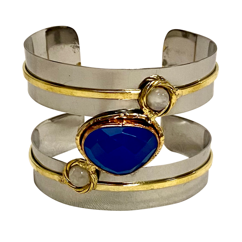 Stainless Brass Copper Cuff w/ Blue Calci & Rainbow Quartz