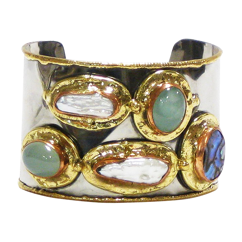 Silver Gold Copper White Metal Cuff w/Abalone, Peart & Chalcedony Onyx
