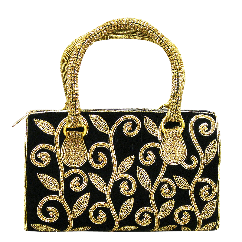 Handbag - Black Velvet w/Gold Crystal Stones and Crystal Handle