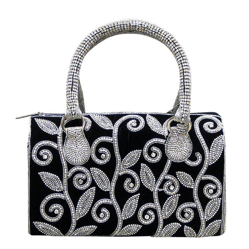 Handbag - Black Velvet w/Silver Crystal Stones and Crystal Handle