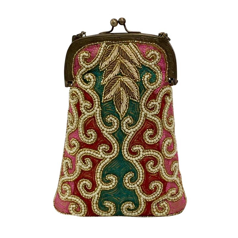 David Jeffery Handbag - Pink Teal Ivory Beads Sequins w/Chain Strap