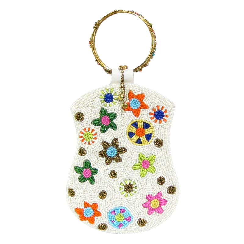David Jeffery Mobile Bag - White Beads & Colorful Flowers w/Ring Handle