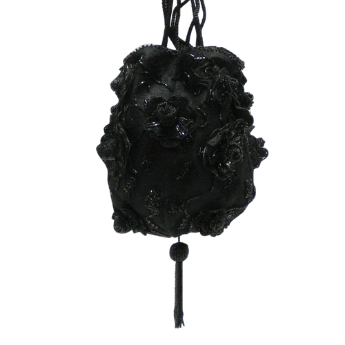 David Jeffery Handbag - Black Sequined Roses w/Black Embroidery & Black Rope Strap