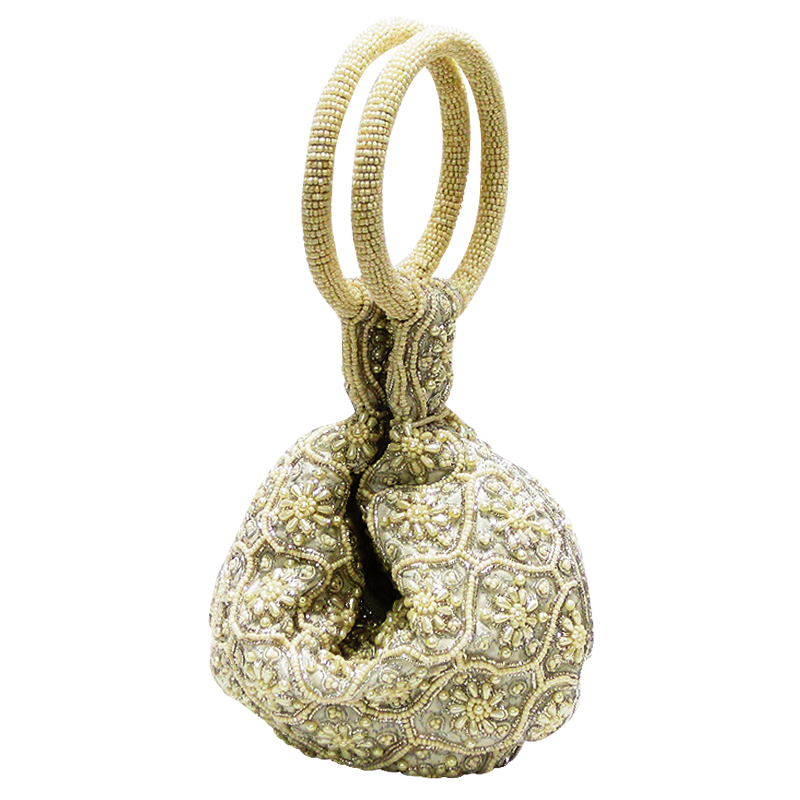 Handbag - White Beaded w/White Ring Handle